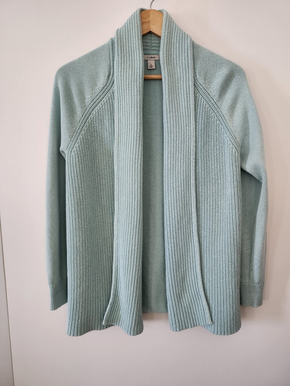 L.L. BEAN Women's Open Front Shawl Cotton Knit Cardigan Seafoam Sz Large Coastal
